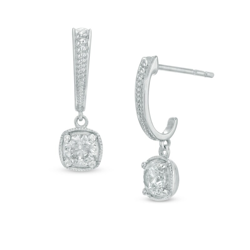 1/2 CT. T.W. Diamond Beaded J-Hoop Drop Earrings in 10K White Gold