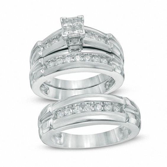 3/4 CT. T.w. Quad Princess-Cut Diamond Trio Bridal Set in 14K White Gold - Size 7 and 10