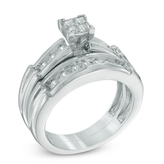 3/4 CT. T.w. Quad Princess-Cut Diamond Trio Bridal Set in 14K White Gold - Size 7 and 10