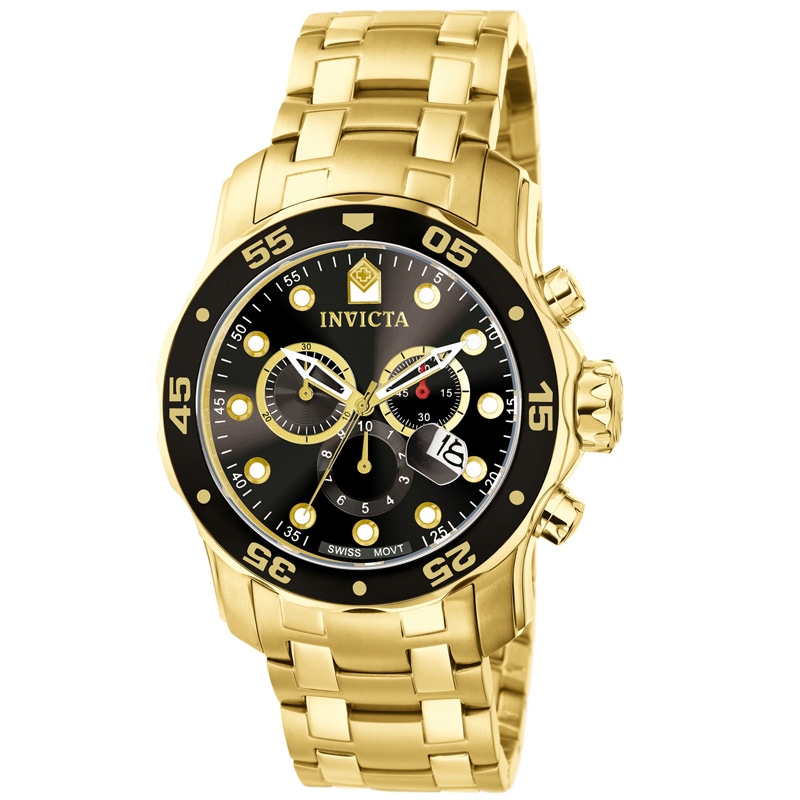 Men's Invicta Pro Diver Gold-Tone Chronograph Watch with Black (Model: 0072) | Zales