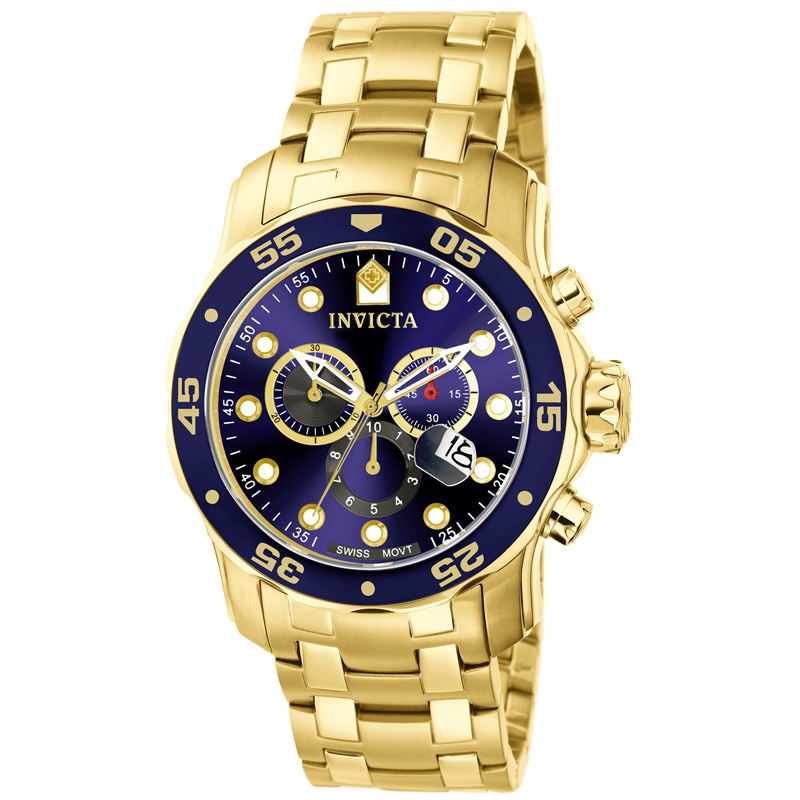 romantisk værdi titel Men's Invicta Pro Diver Gold-Tone Chronograph Watch with Blue Dial (Model:  0073) | Zales