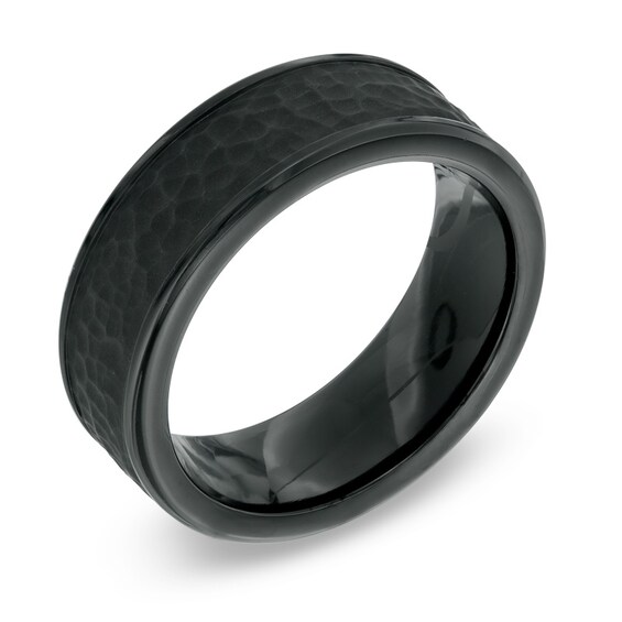 8.0mm Hammered Inlay Comfort Fit Black Titanium Wedding Band - Size 10