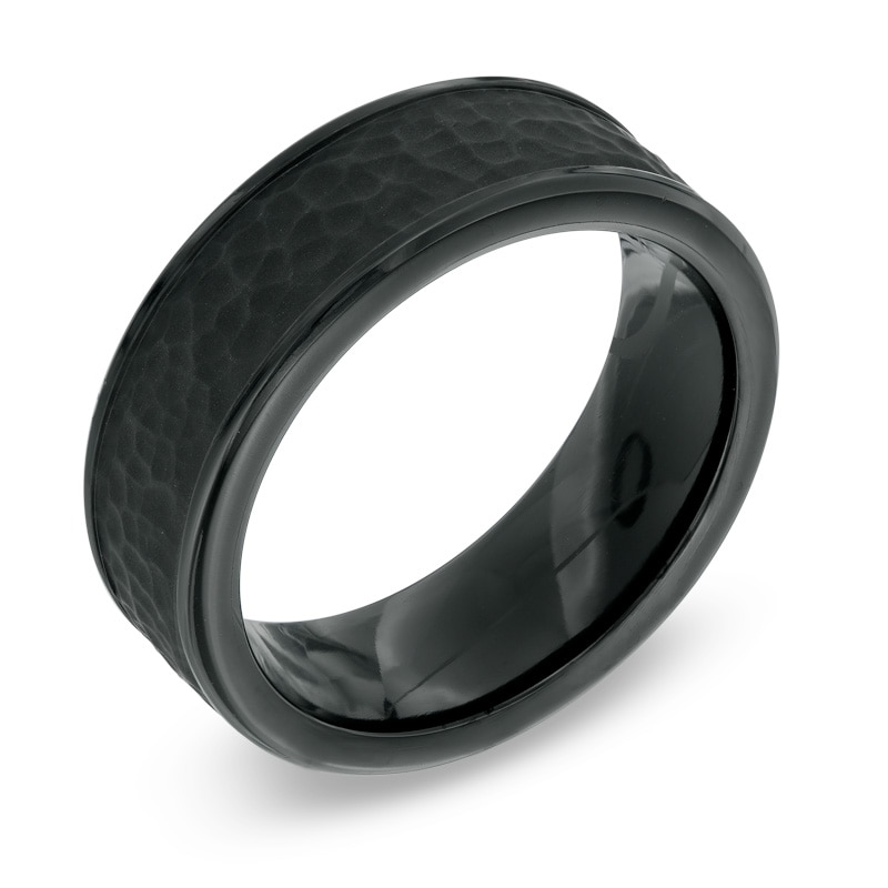 Men's 8.0mm Hammered Inlay Comfort Fit Black Titanium Wedding Band - Size 10