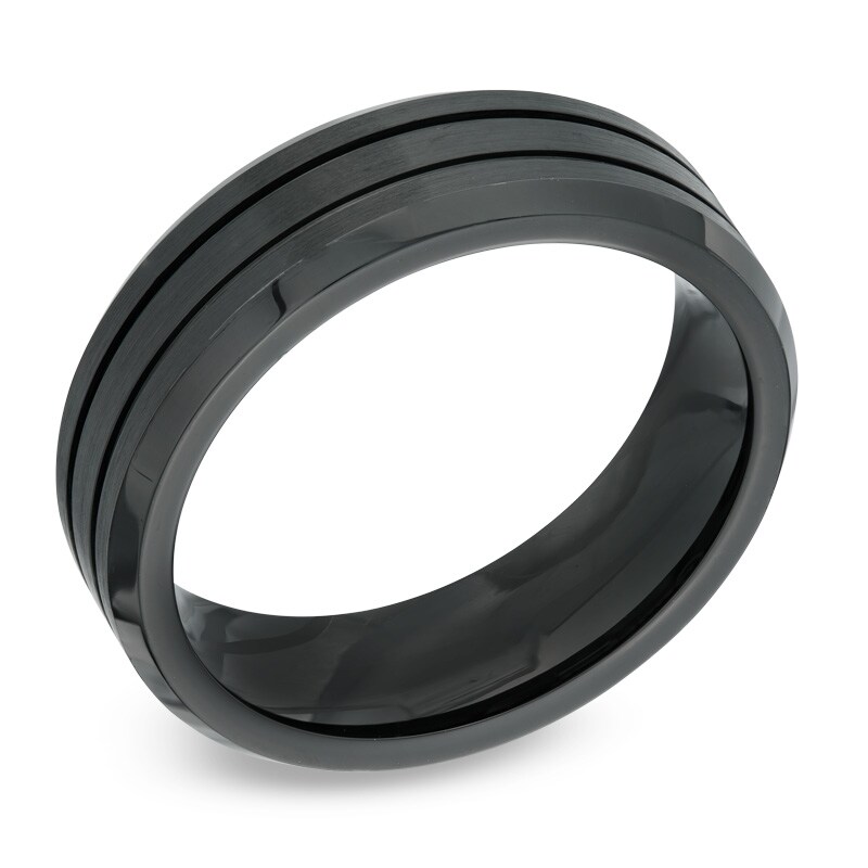 Men's 7.0mm Double Groove Black Cobalt Wedding Band - Size 10