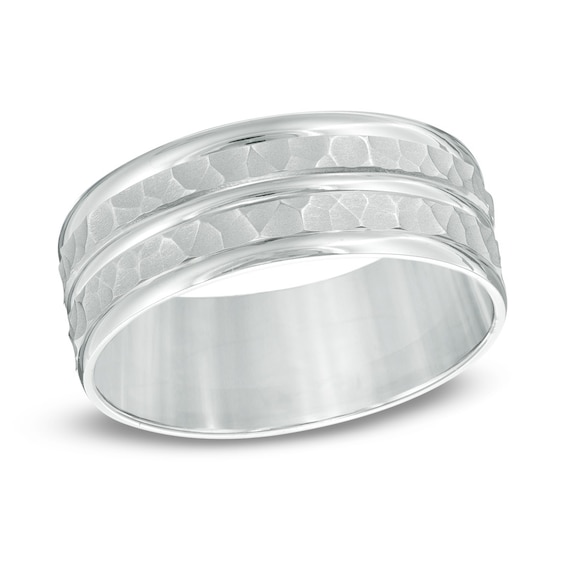 8.0mm Hammered Double Inlay Comfort Fit Wedding Band in 10K White Gold