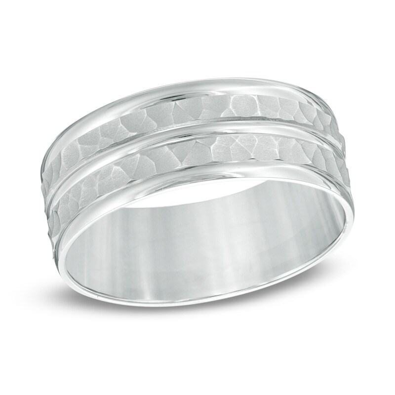 Main Image 1 of 8.0mm Hammered Double Inlay Comfort Fit Wedding Band in 10K White Gold