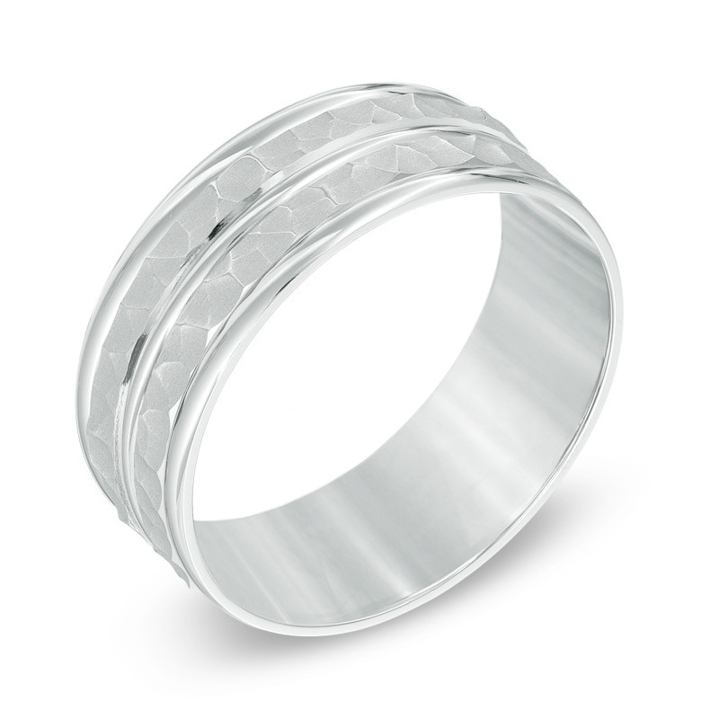 Main Image 2 of 8.0mm Hammered Double Inlay Comfort Fit Wedding Band in 10K White Gold