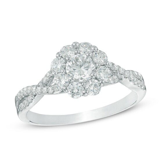 7/8 CT. T.w. Diamond Flower Frame Twist Engagement Ring in 14K White Gold
