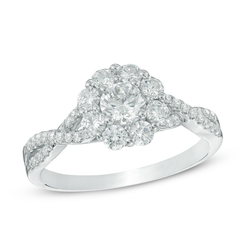 Main Image 1 of 7/8 CT. T.W. Diamond Flower Frame Twist Engagement Ring in 14K White Gold