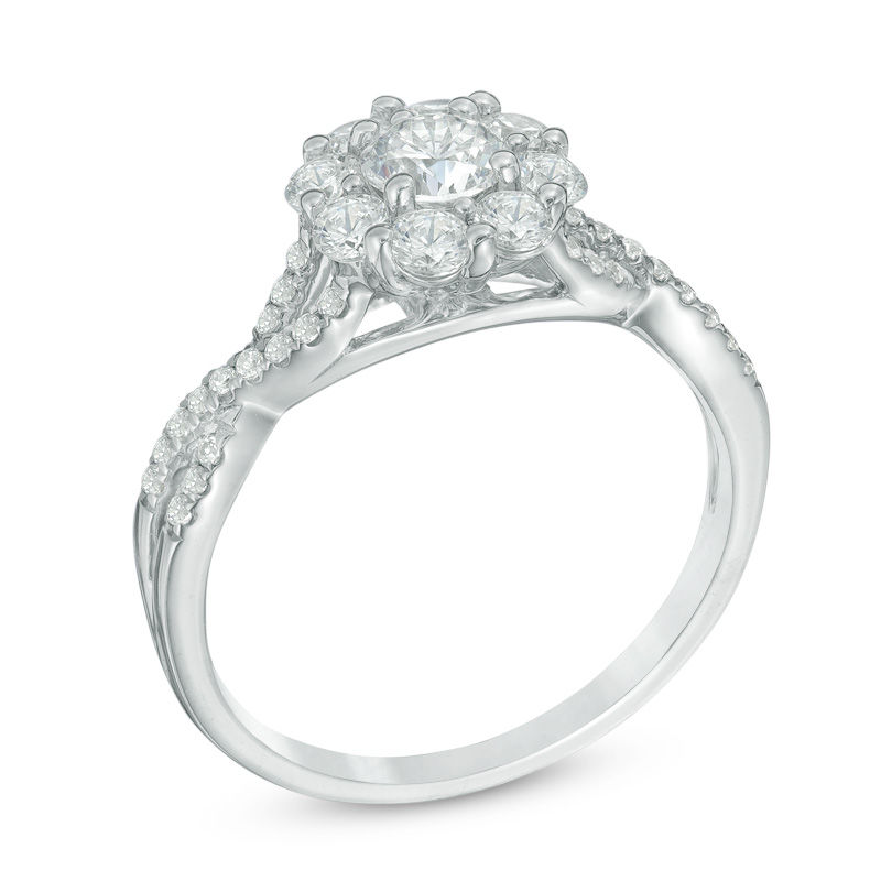 7/8 CT. T.W. Diamond Flower Frame Twist Engagement Ring in 14K White Gold