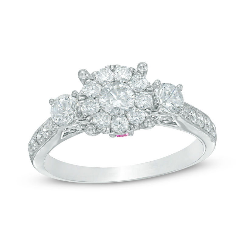 Main Image 1 of 1 CT. T.W. Diamond and Pink Sapphire Three Stone Engagement Ring in 10K White Gold