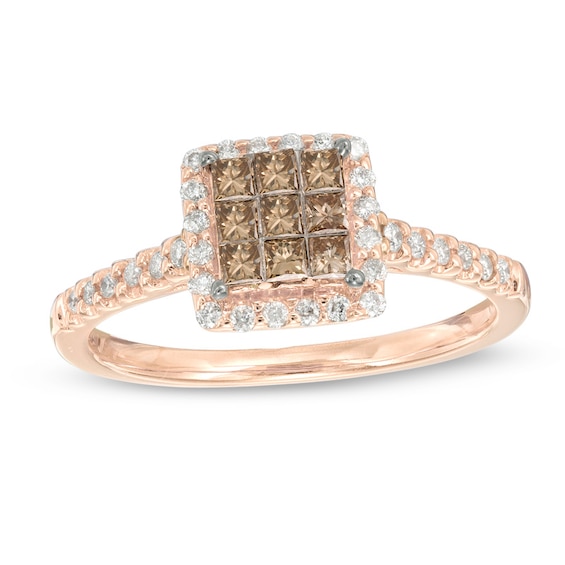 1/2 CT. T.w. Champagne and White Diamond Square Cluster Frame Ring in 10K Rose Gold