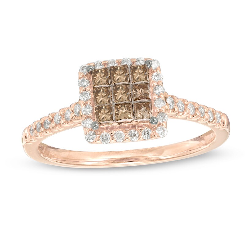 1/2 CT. T.W. Champagne and White Diamond Square Cluster Frame Ring in 10K Rose Gold