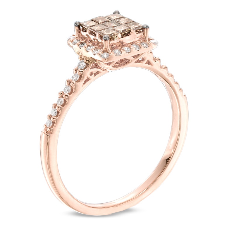 1/2 CT. T.W. Champagne and White Diamond Square Cluster Frame Ring in 10K Rose Gold