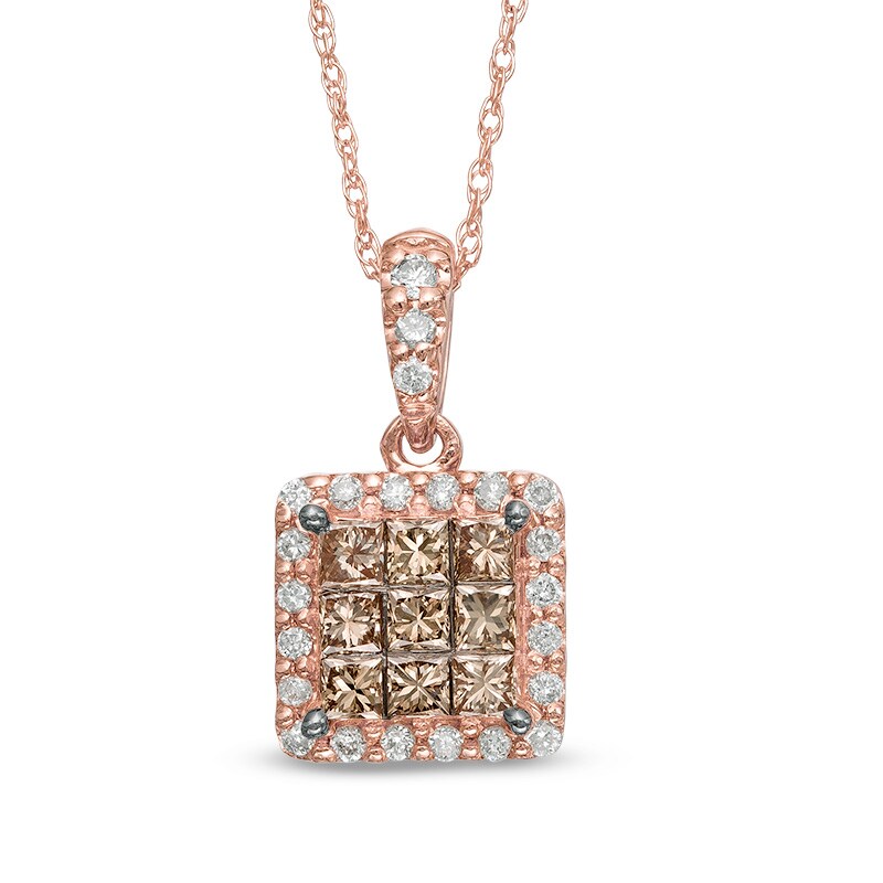 Main Image 1 of 1/2 CT. T.W. Champagne and White Diamond Square Cluster Frame Pendant in 10K Rose Gold