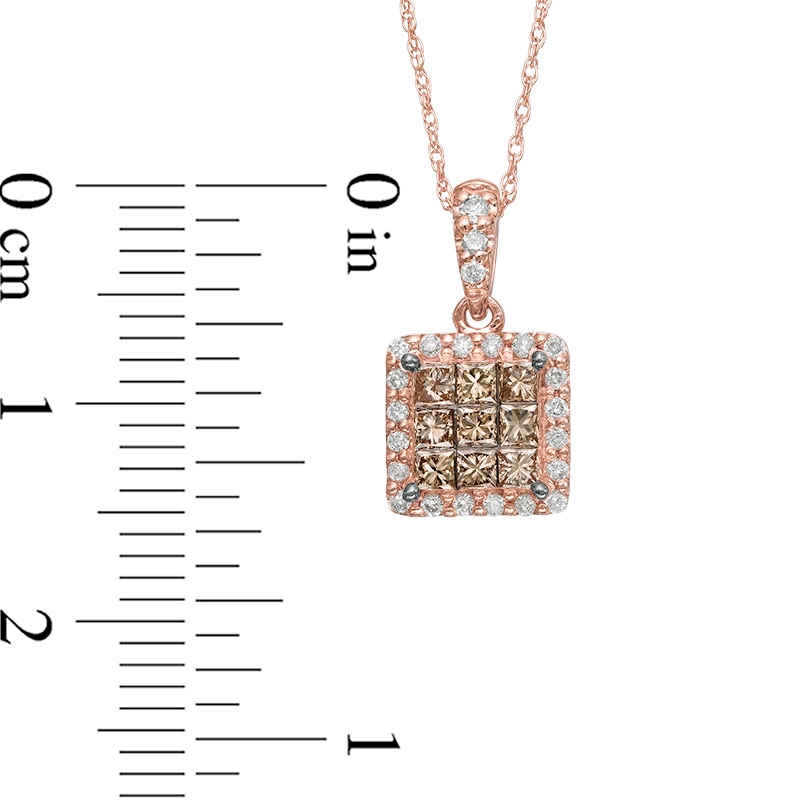 Main Image 2 of 1/2 CT. T.W. Champagne and White Diamond Square Cluster Frame Pendant in 10K Rose Gold