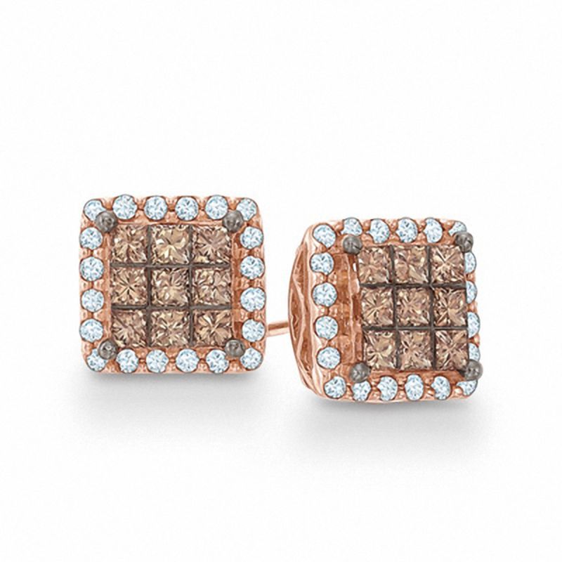 Main Image 1 of 3/4 CT. T.W. Champagne and White Diamond Square Stud Earrings in 10K Rose Gold