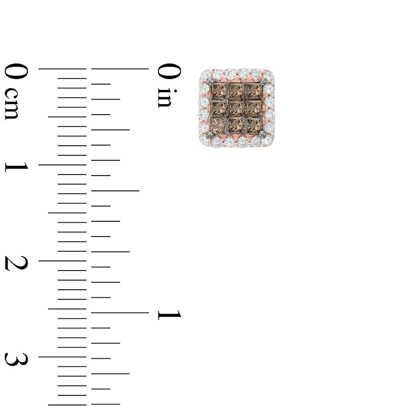 Main Image 2 of 3/4 CT. T.W. Champagne and White Diamond Square Stud Earrings in 10K Rose Gold