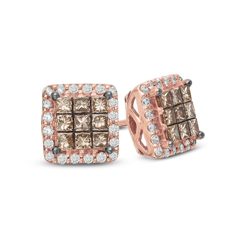 Main Image 1 of 1/3 CT. T.W. Champagne and White Princess-Cut Quad Diamond Frame Stud Earrings in 10K Rose Gold