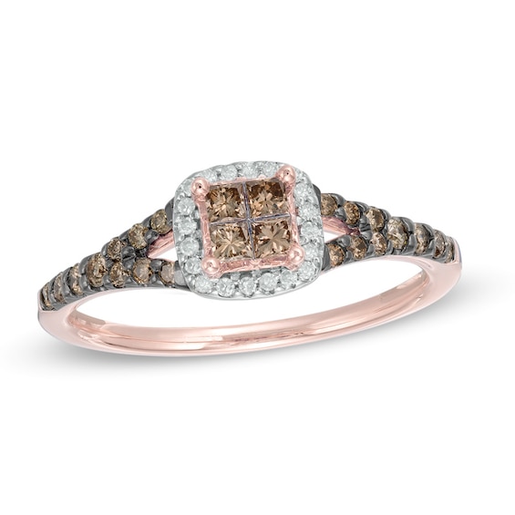 1/2 CT. T.w. Champagne and White Quad Princess-Cut Diamond Frame Split Shank Ring in 10K Rose Gold