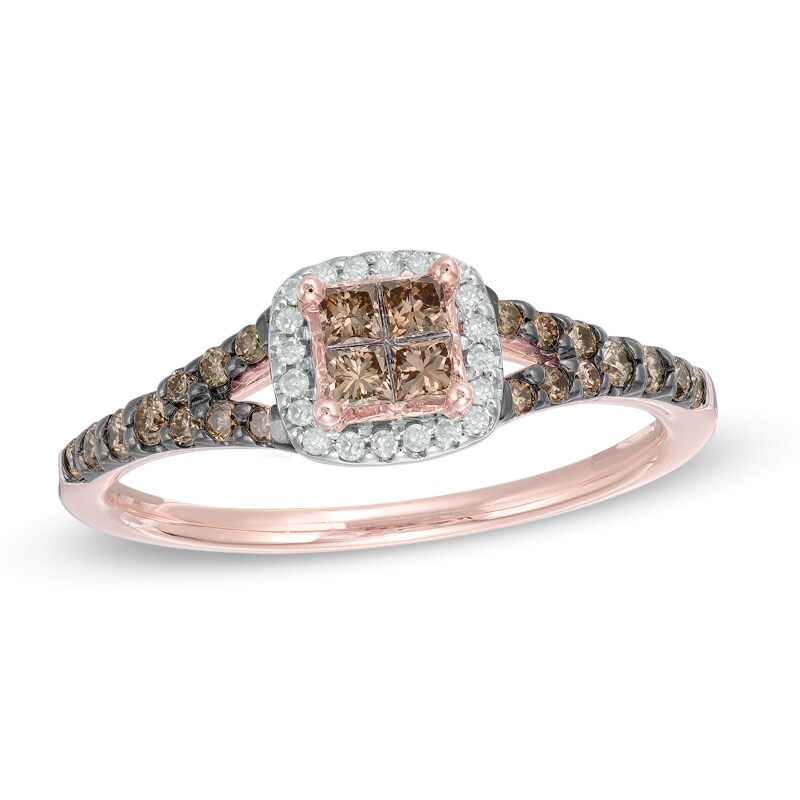 Main Image 1 of 1/2 CT. T.W. Champagne and White Quad Princess-Cut Diamond Frame Split Shank Ring in 10K Rose Gold