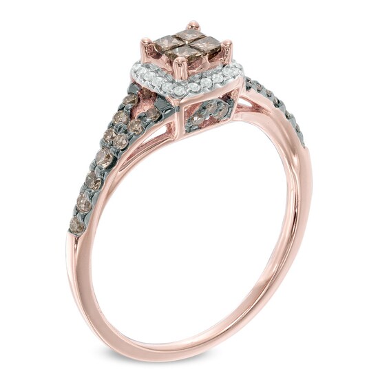 1/2 CT. T.w. Champagne and White Quad Princess-Cut Diamond Frame Split Shank Ring in 10K Rose Gold