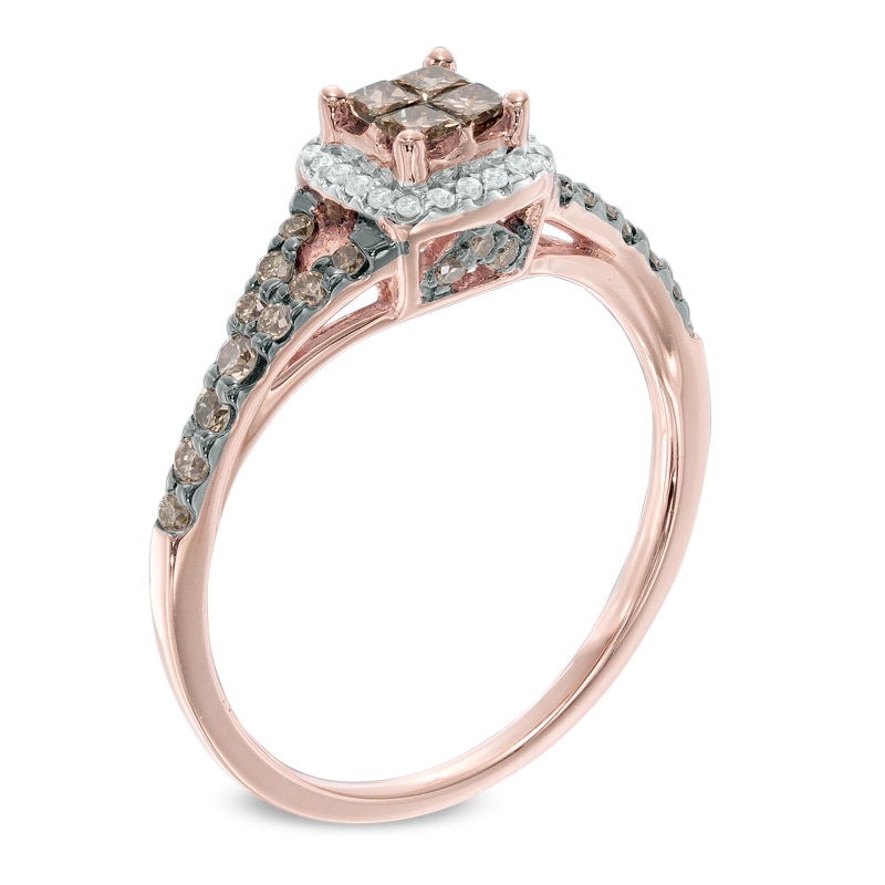 Main Image 2 of 1/2 CT. T.W. Champagne and White Quad Princess-Cut Diamond Frame Split Shank Ring in 10K Rose Gold