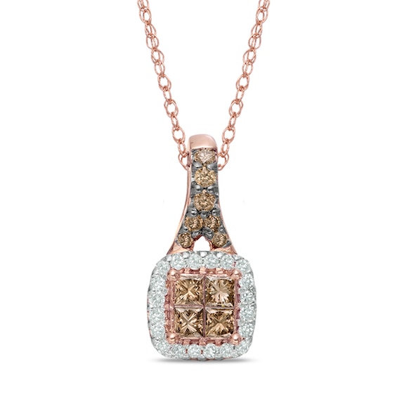 1/3 CT. T.w. Champagne and White Quad Princess-Cut Diamond Frame Square Pendant in 10K Rose Gold