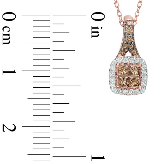 1/3 CT. T.w. Champagne and White Quad Princess-Cut Diamond Frame Square Pendant in 10K Rose Gold