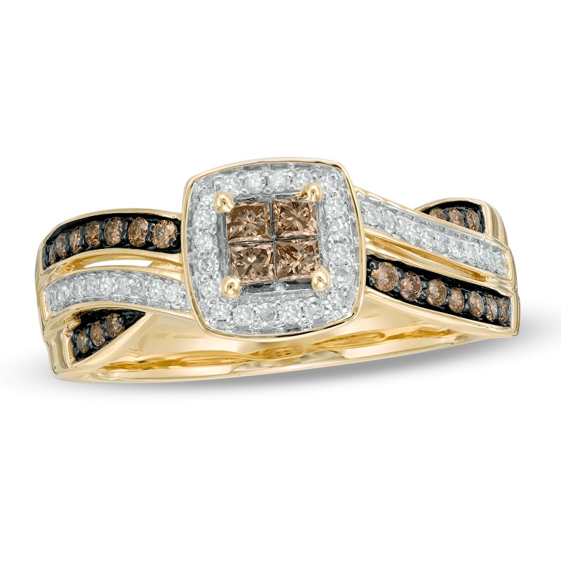 Main Image 1 of 3/8 CT. T.W. Champagne and White Quad Princess-Cut Diamond Frame Crossover Ring in 10K Gold