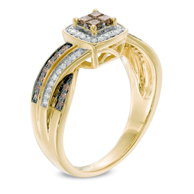 Main Image 2 of 3/8 CT. T.W. Champagne and White Quad Princess-Cut Diamond Frame Crossover Ring in 10K Gold