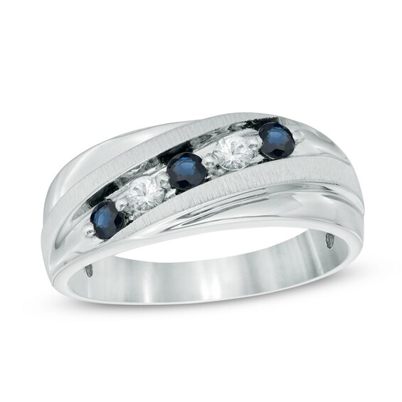 Men's Lab-Created Blue and White Sapphire Five Stone Slant Band in Sterling Silver