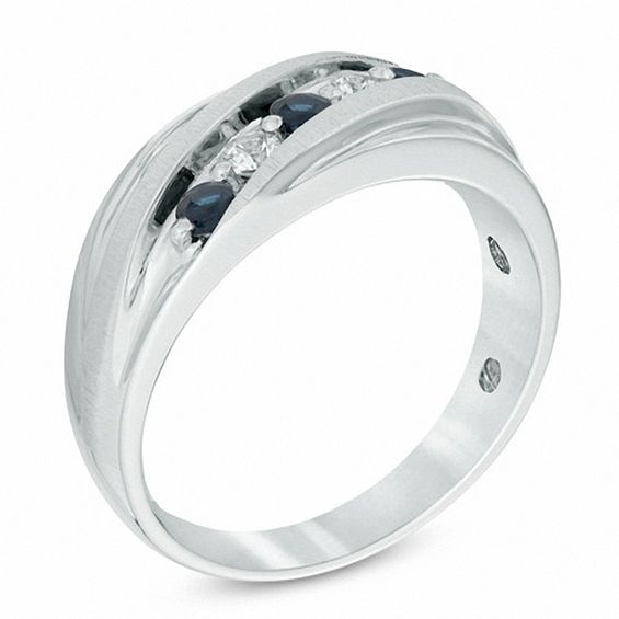 Men's Lab-Created Blue and White Sapphire Five Stone Slant Band in Sterling Silver