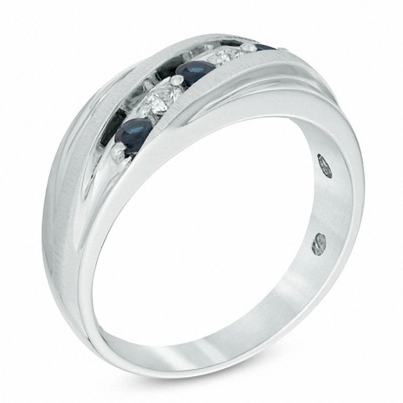 Main Image 2 of Lab-Created Blue and White Sapphire Five Stone Slant Band in Sterling Silver
