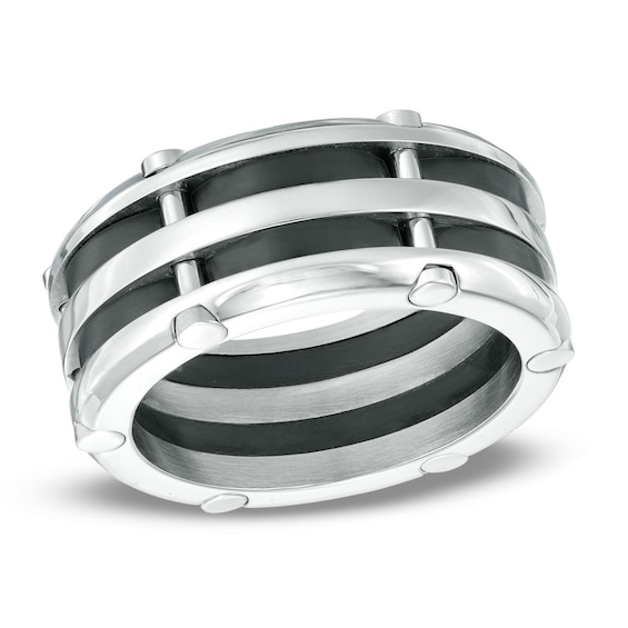 10.0mm Comfort Fit Riveted Stainless Steel and Black IP Wedding Band - Size 10
