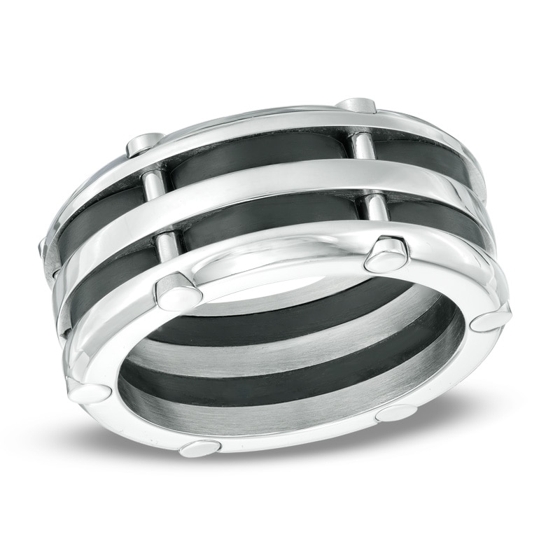 Main Image 1 of 10.0mm Comfort Fit Riveted Stainless Steel and Black IP Wedding Band - Size 10