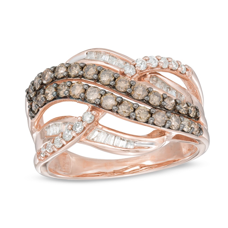 Main Image 1 of 1 CT. T.W. Champagne and White Diamond Layered Crossover Ring in 10K Rose Gold