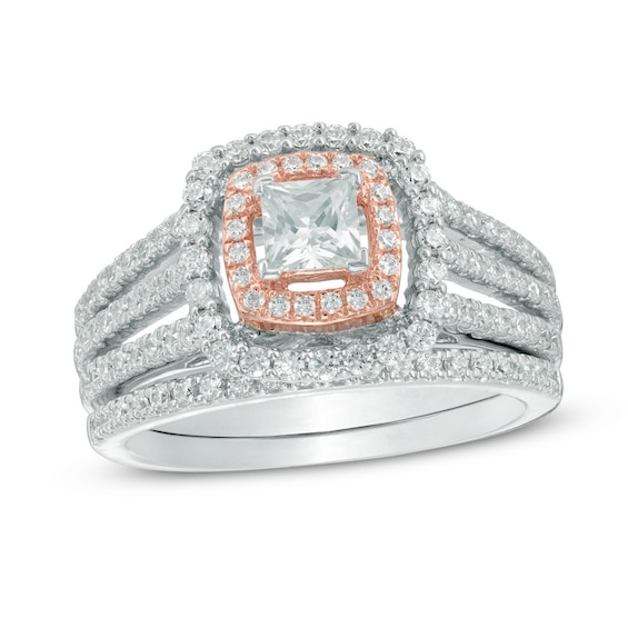 1-1/4 CT. T.w. Princess-Cut Diamond Layered Frame Split Shank Bridal Set in 14K Two-Tone Gold
