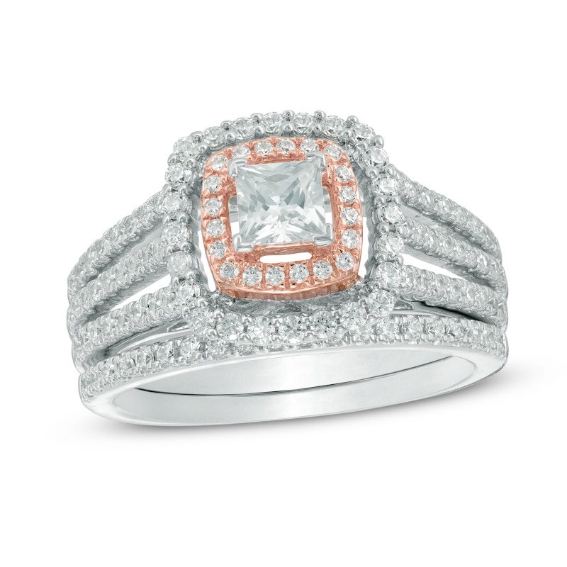 Main Image 1 of 1-1/4 CT. T.W. Princess-Cut Diamond Layered Frame Split Shank Bridal Set in 14K Two-Tone Gold