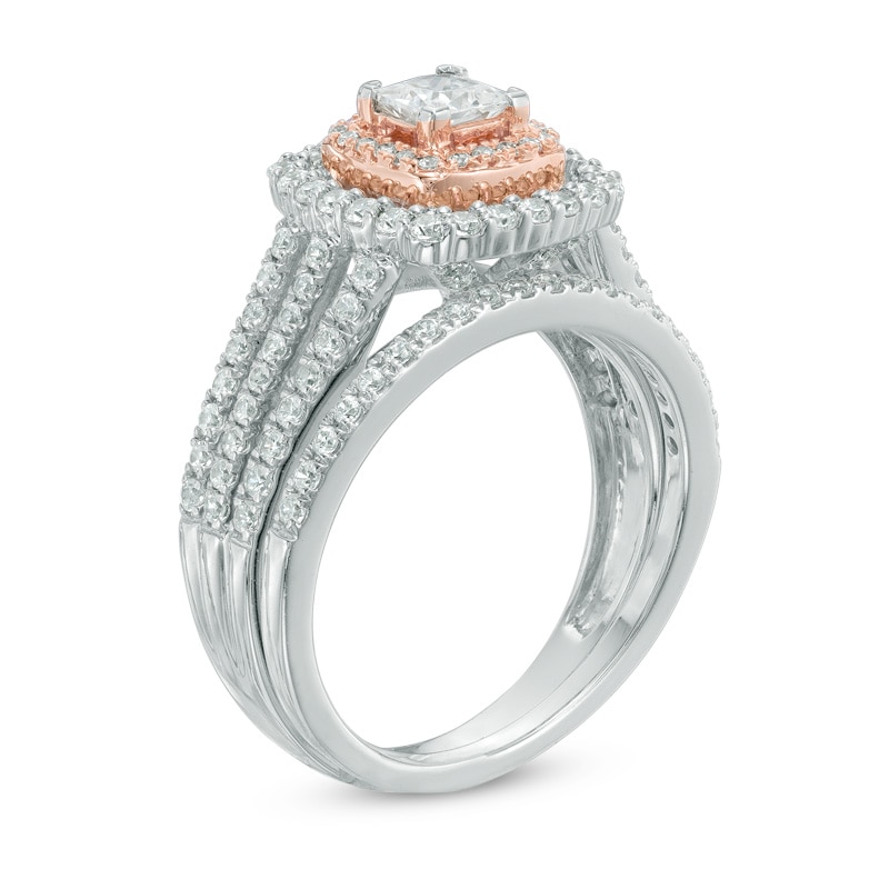 Main Image 2 of 1-1/4 CT. T.W. Princess-Cut Diamond Layered Frame Split Shank Bridal Set in 14K Two-Tone Gold