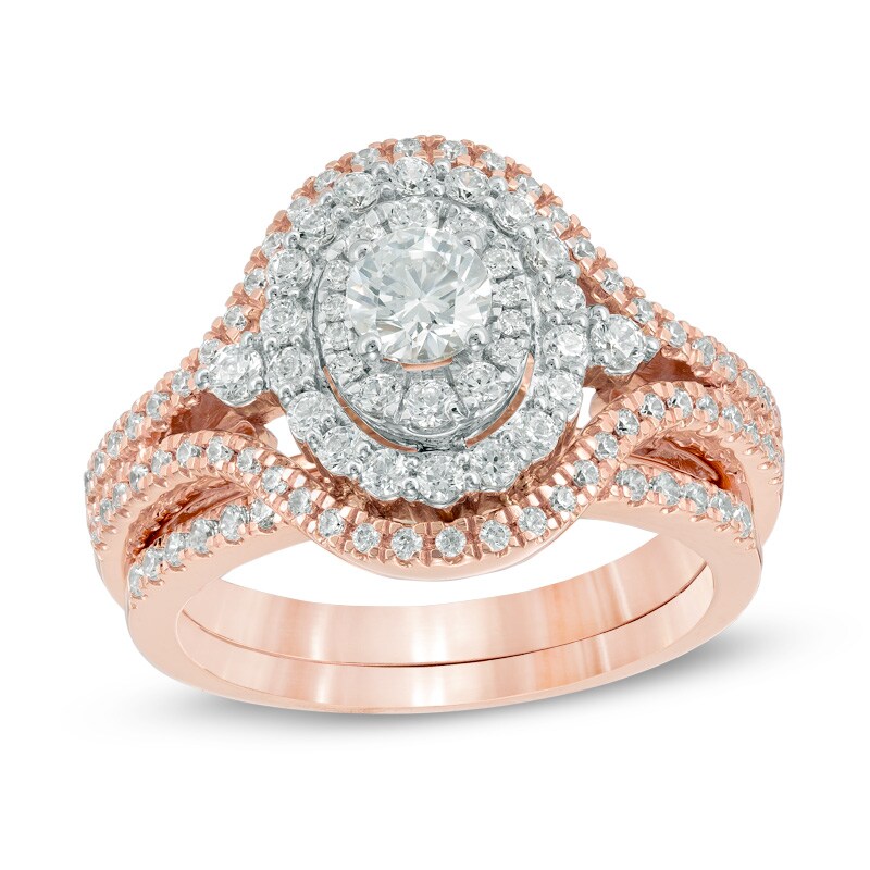 Main Image 1 of 1-1/4 CT. T.W. Diamond Layered Frame Split Shank Bridal Set in 14K Two-Tone Gold