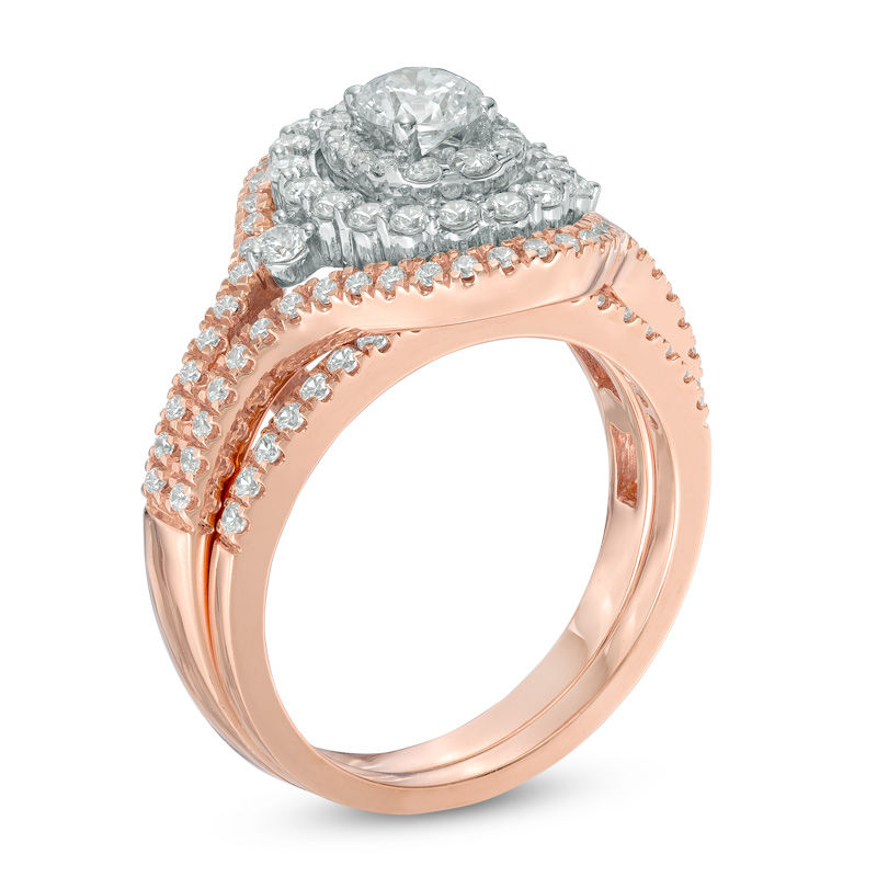 Main Image 2 of 1-1/4 CT. T.W. Diamond Layered Frame Split Shank Bridal Set in 14K Two-Tone Gold