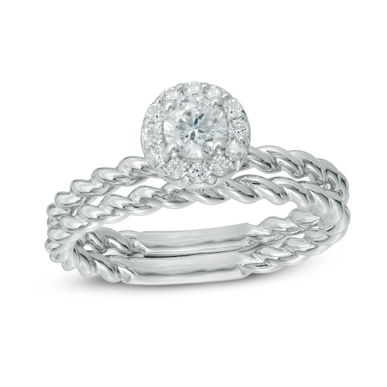 3/8 CT. T.w. Diamond Frame Rope Twist Bridal Set in 14K White Gold