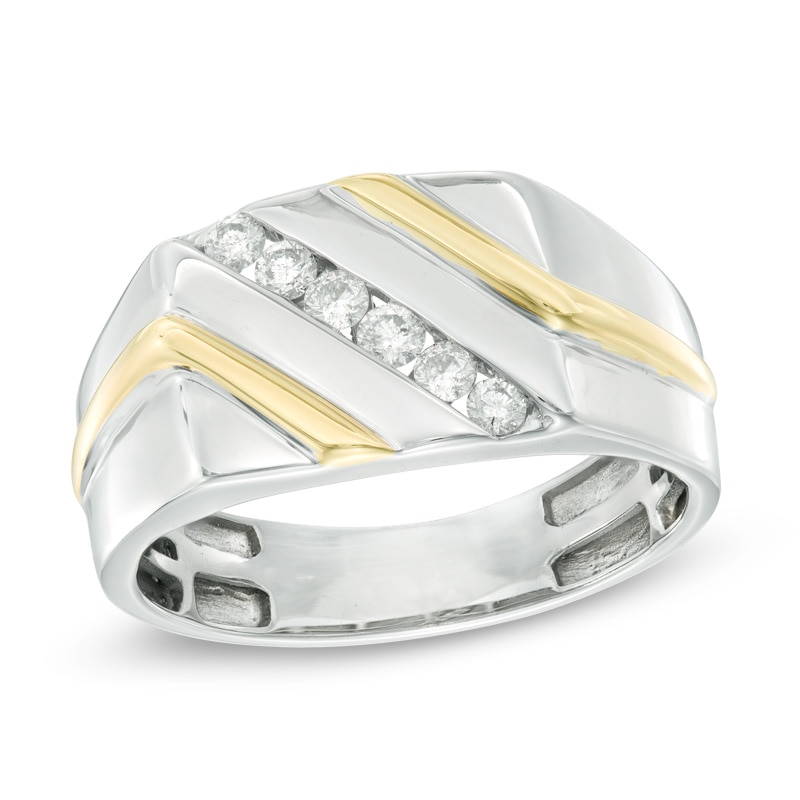 Main Image 1 of 1/4 CT. T.W. Diamond Slant Anniversary Band in 10K Two-Tone Gold