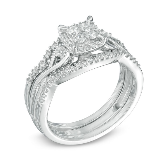 3/8 CT. T.w. Diamond Cluster Frame Three Piece Bridal Set in 10K White Gold