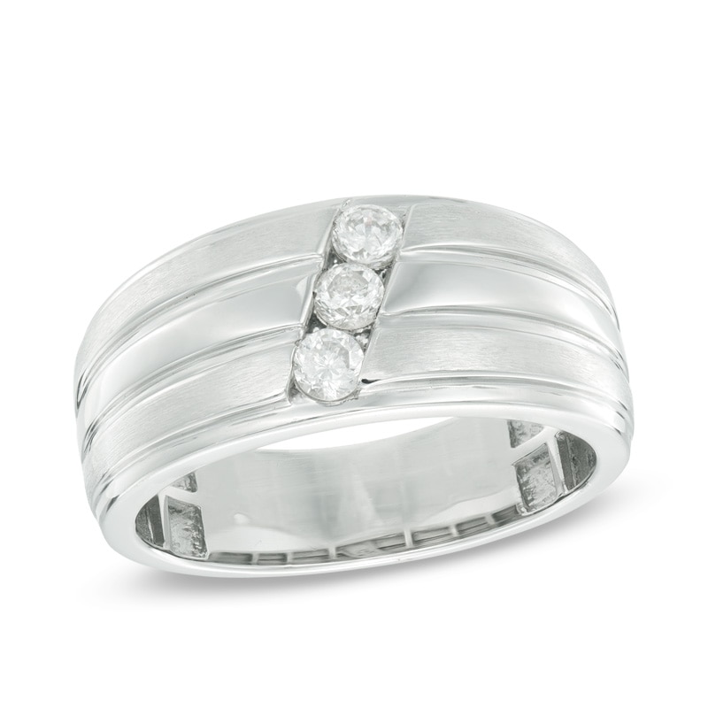 Men's 1/3 CT. T.W. Diamond Three Stone Slant Triple Row Band in 10K White Gold