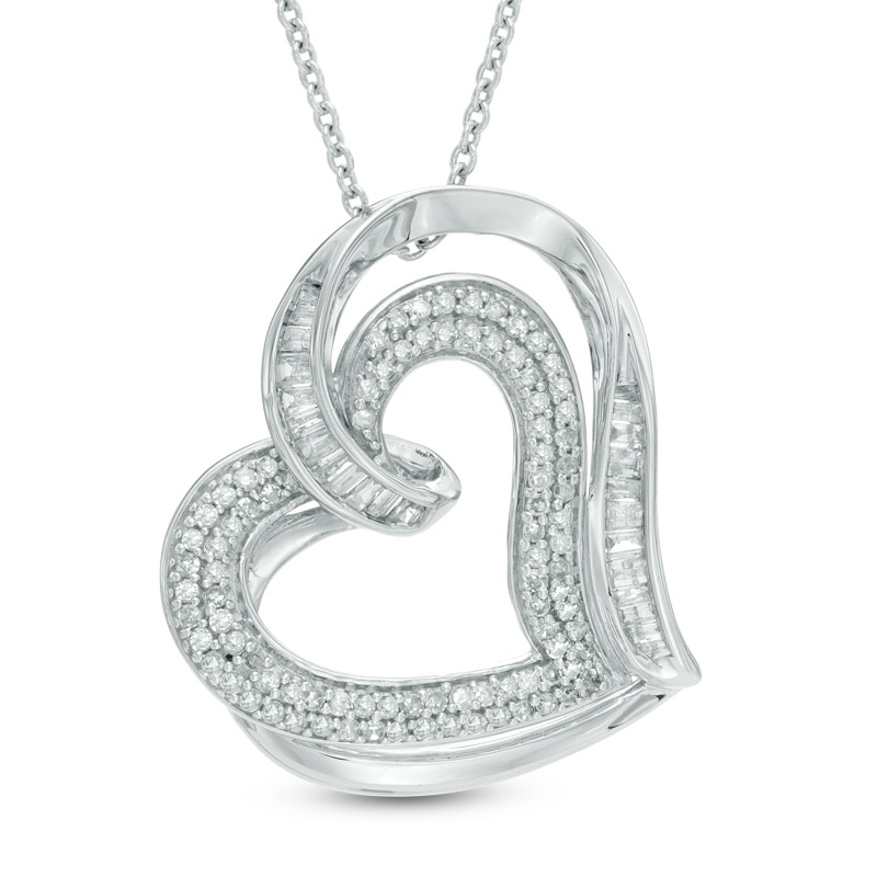 Main Image 1 of 1/2 CT. T.W. Diamond Tilted Double Heart Pendant in Sterling Silver