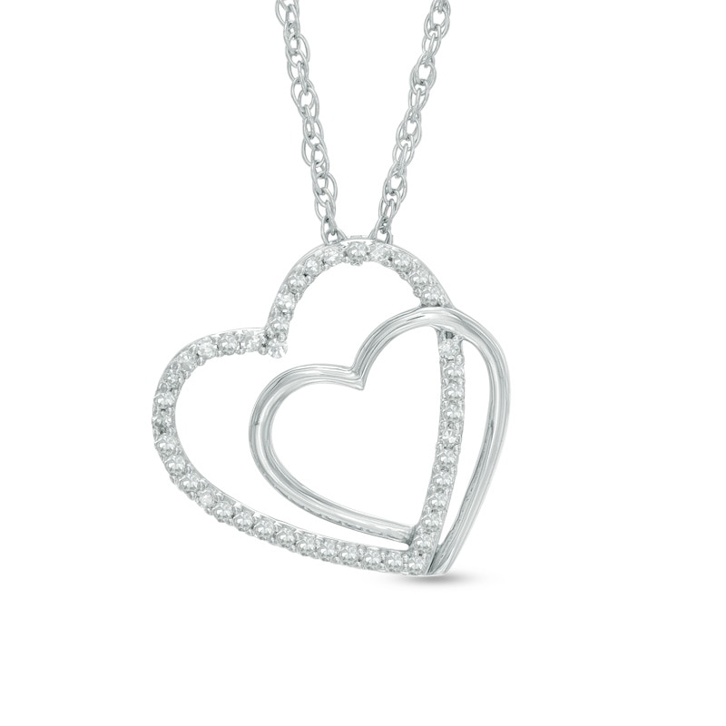 Main Image 1 of 1/8 CT. T.W. Diamond Double Tilted Heart Pendant in Sterling Silver