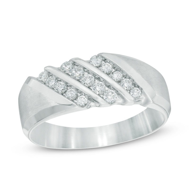 Main Image 1 of 1/2 CT. T.W. Diamond Three Row Slant Wedding Band in 10K White Gold
