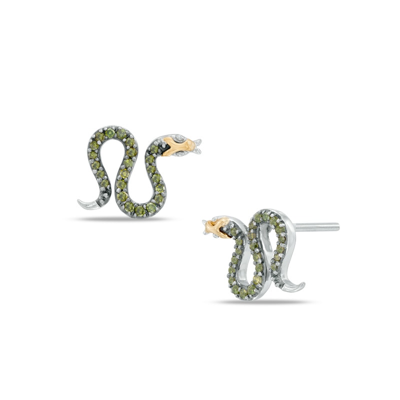 Main Image 1 of 1/6 CT. T.W. Enhanced Green Diamond Snake Stud Earrings in Sterling Silver and 14K Gold